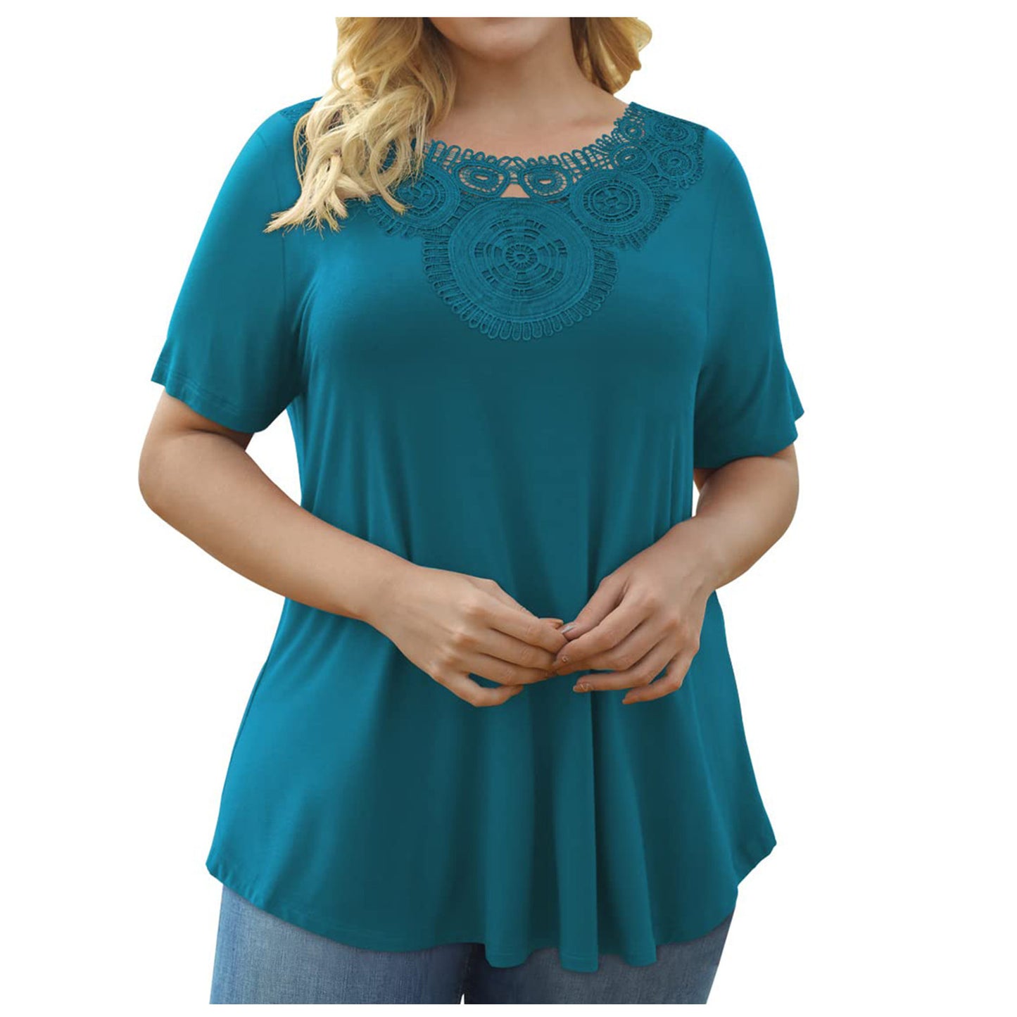 Dame Plus Size Kortærmet Pullover Blonder Plisseret T-shirt Talje Top