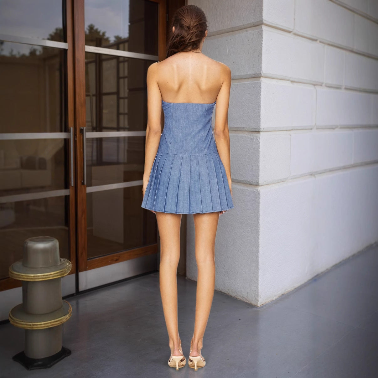 Womens Sleeveless Halterneck Pleated Mini Dress