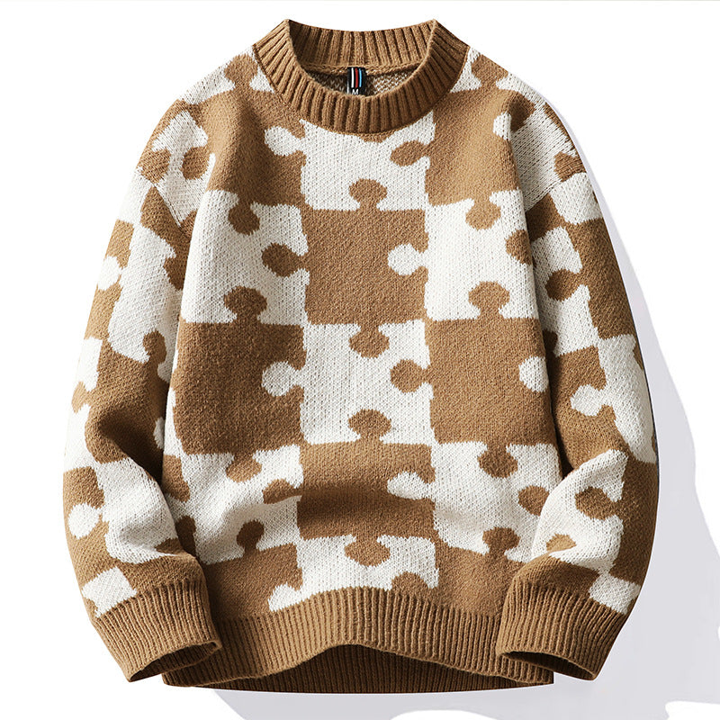 Løs sweater i koreansk stil med fransk rund hals og kontrastfarvede syninger