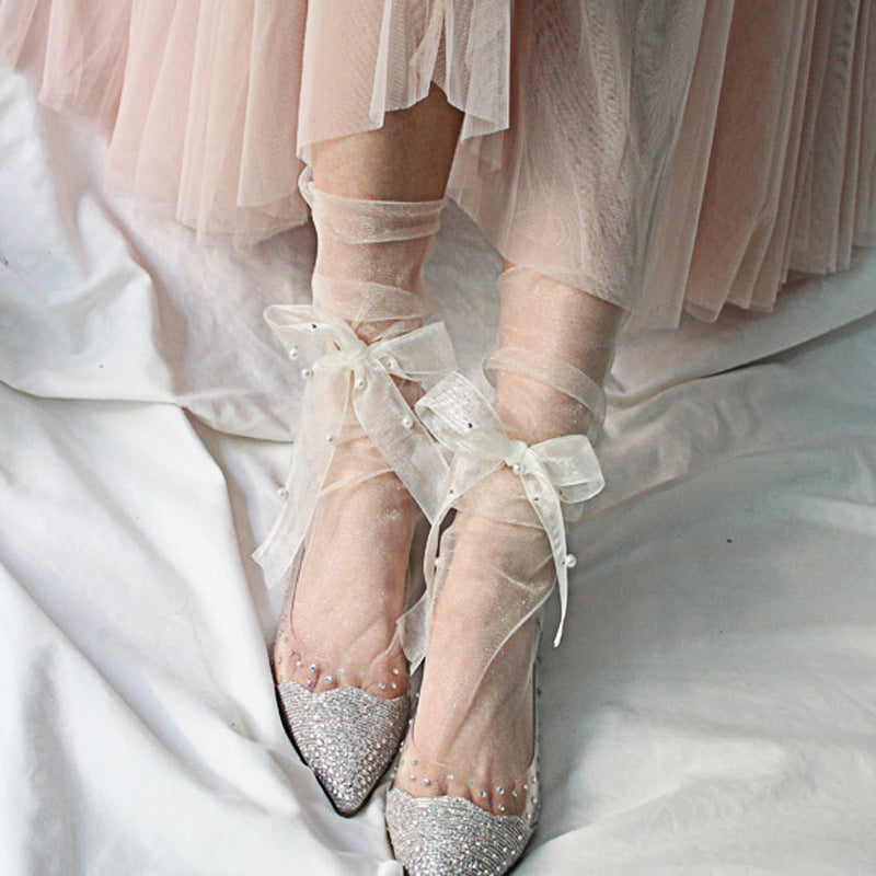 Lace-up Bowknot Pearl-in-tube Transparent Sheer Mesh Socks