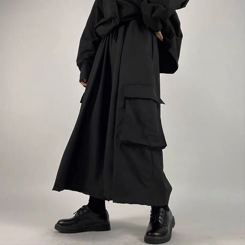 Large Swing Black Japanese Wide-leg Pants Split Draping Cropped Tooling Large Pocket