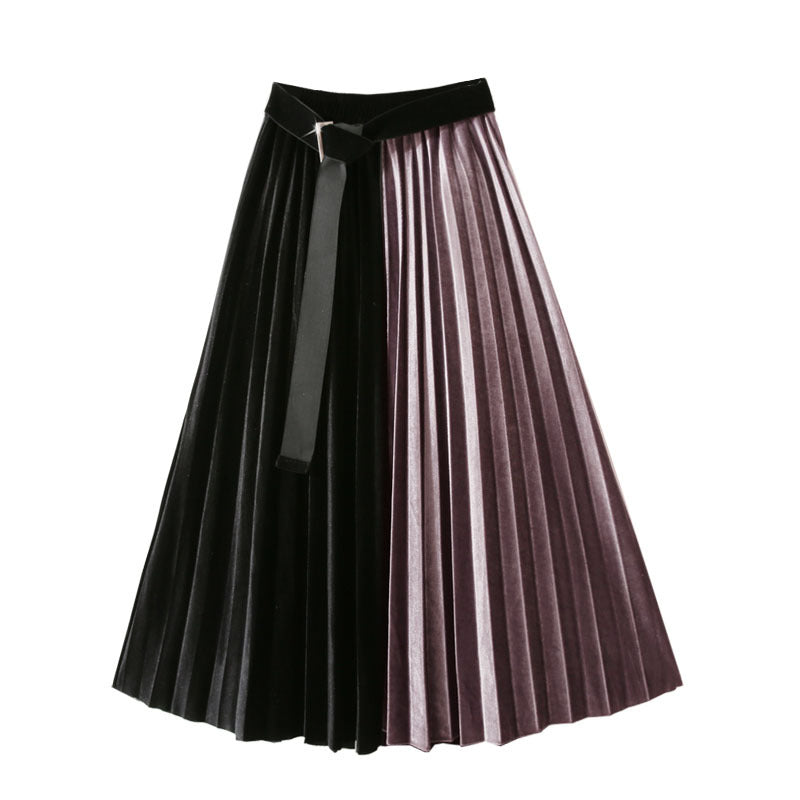 Height Belt Pleuche Patchwork Contrast Color Retro Slimming Skirt