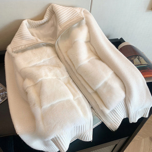 White Knitted Patchwork Mink-fur Cotton Coat