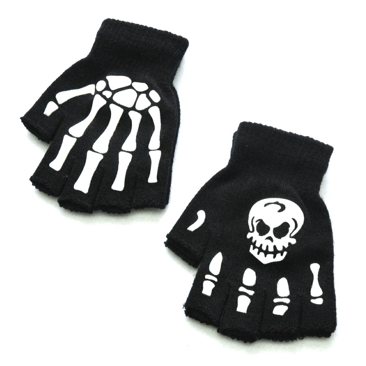 Varme Strikkede Halvfingerhandsker Halloween Lysende Kranie