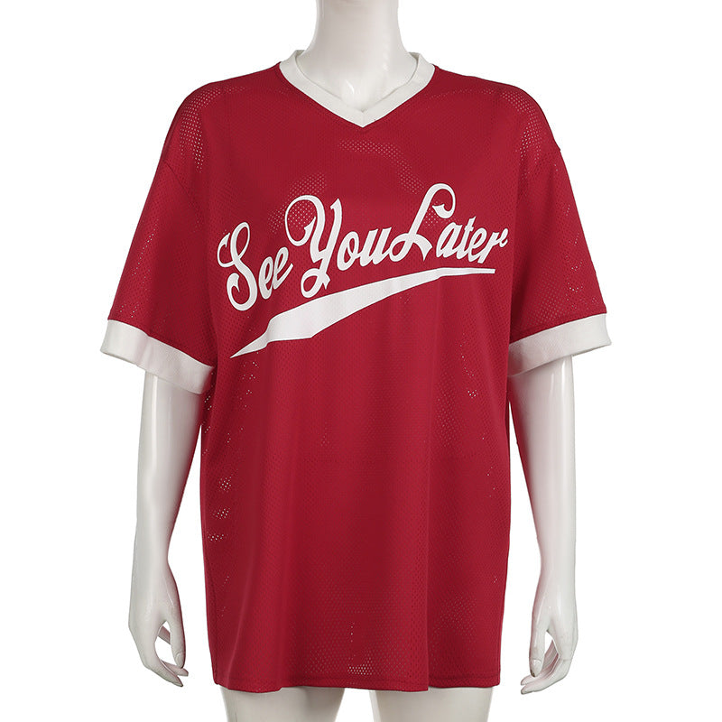 Womens Retro Letter Print Contrast-Color Loose Short-Sleeve Top