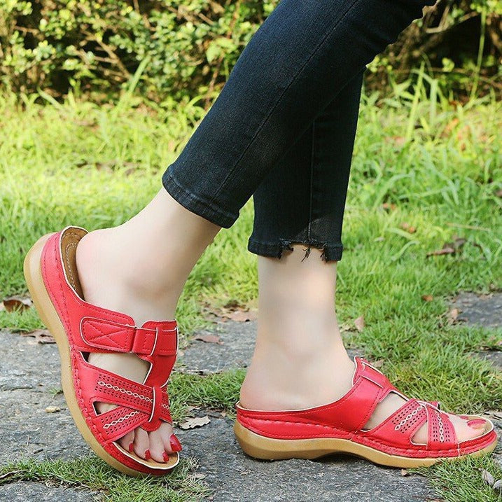 Women's Hollow Peep Toe Wedge Velcro Sandals