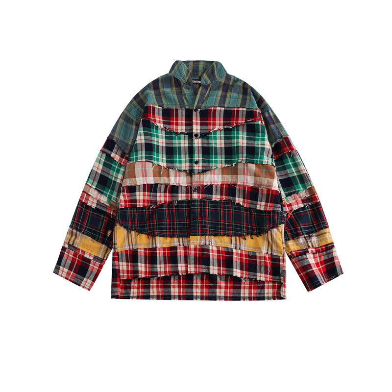 Loose Long Sleeve Shirt Men's Stitching Plaid