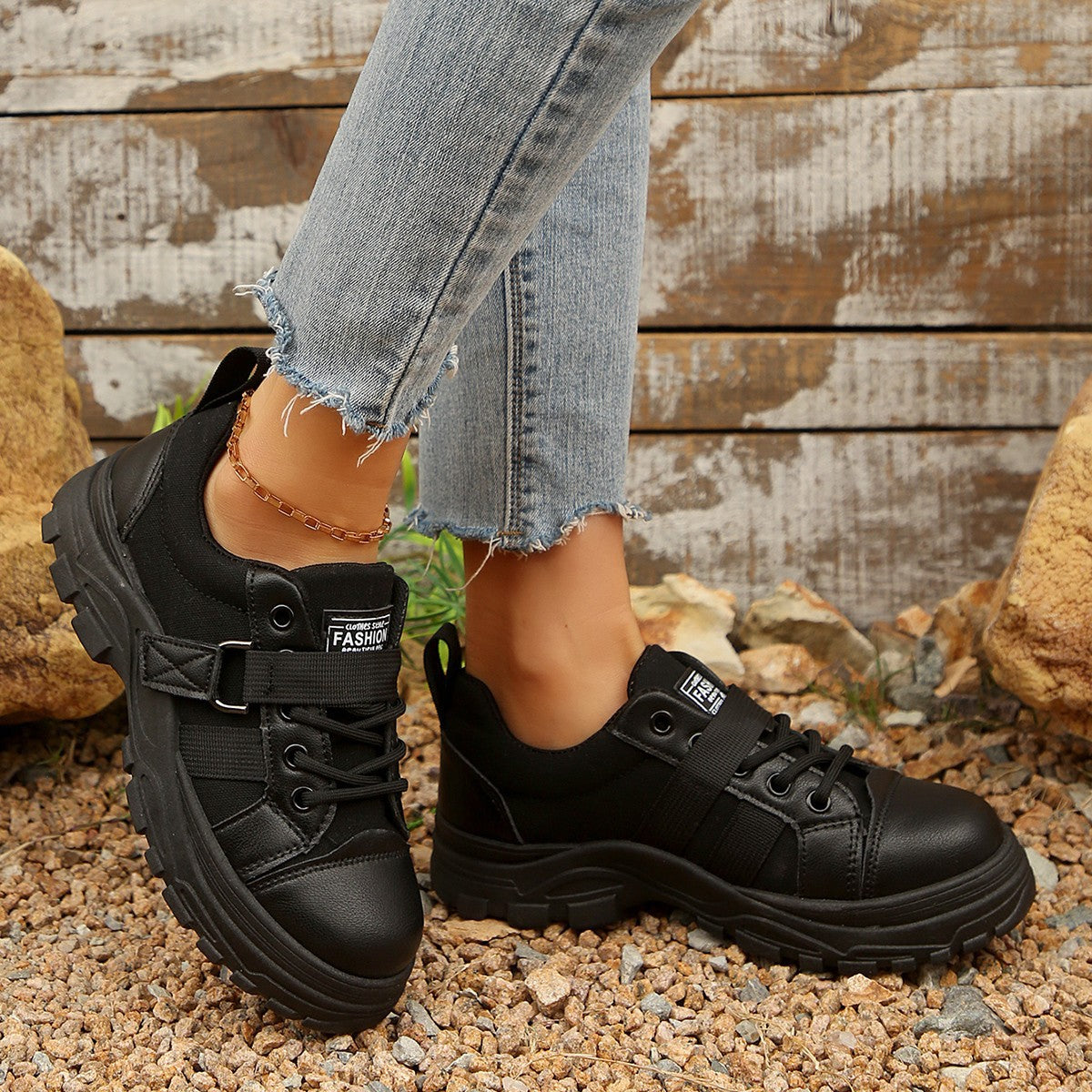 Lacesko I Lærred Med Krogdesign Moderigtige Åndbare Sneakers Med Tyk Såle Og Rund Tå Til Kvinder