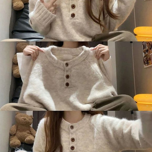 Korean-style Relaxed-fit Off-shoulder Crew-neck Cropped Sweater For Outerwear