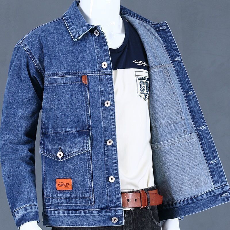 Denim Loose Spring And Autumn Trendy Workwear Jacket Top Denim Short Gown Men