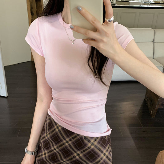 Rundhalset T-shirt American Hot Girl Skulder Sommer Kortærmet