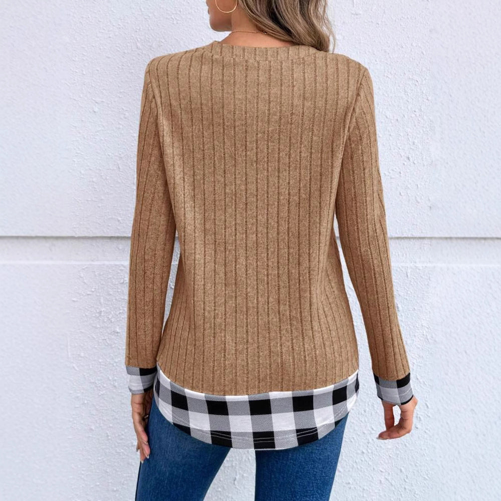 Women's V-neck Plaid Stitching Long-sleeved Thread Knitted Top