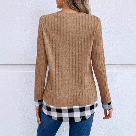 Women's V-neck Plaid Stitching Long-sleeved Thread Knitted Top