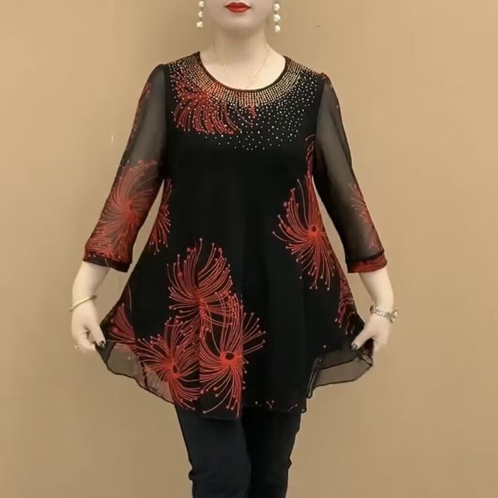 Three-quarter Sleeve Mesh T-shirt High-end Shirt Middle-aged Mom Summer Round Neck Half-open Collar Hollow Out