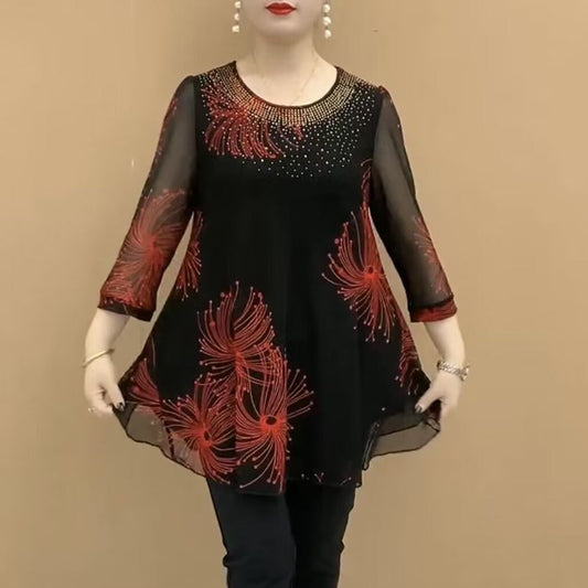 Three-quarter Sleeve Mesh T-shirt High-end Shirt Middle-aged Mom Summer Round Neck Half-open Collar Hollow Out