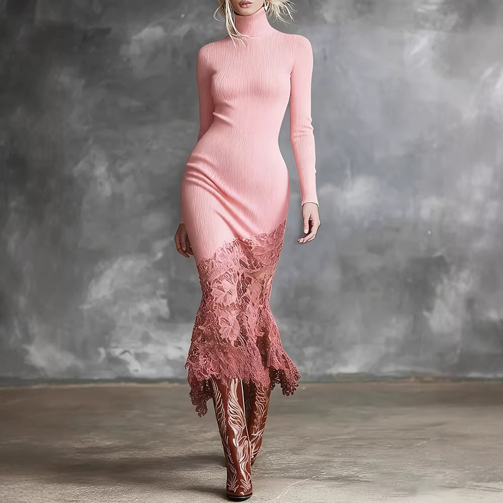 Turtleneck Knit Dress With A Lace Hema Sophisticated Mid-length Skirt