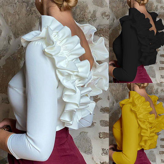 Temperament Women's New Sexy Niche Design Ruffle Neck Top