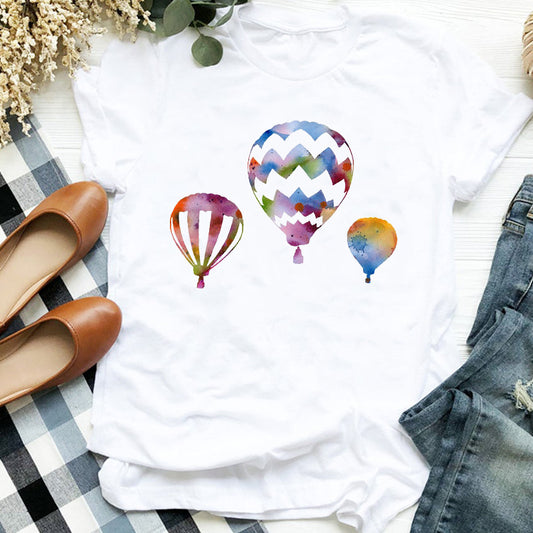 Women's Hot Air Balloon Graphic Print Crew Neck Loose T-Shirt