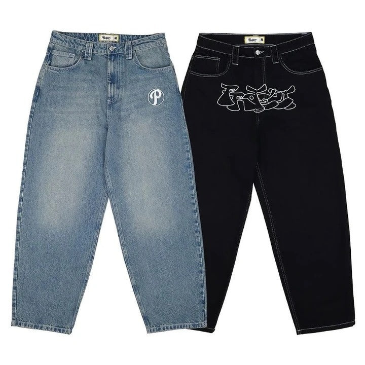Amerikansk Gade Baggy Afslappet Retro Hip Hop Print Stilfuld Mode Højtaljede Jeans til Mænd