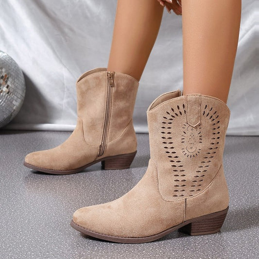 Hollow-out Wedge Side Zipper Knight Boots