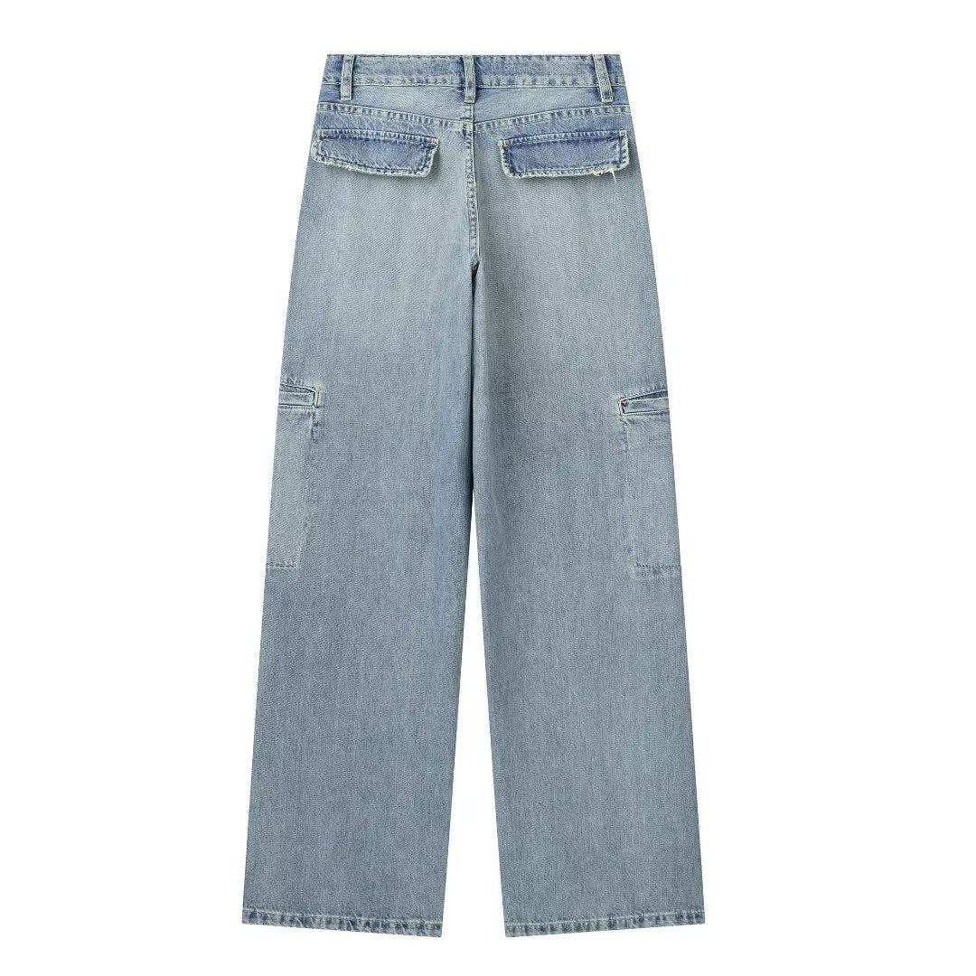 Pocket Overalls Mid-waist Denim Trousers