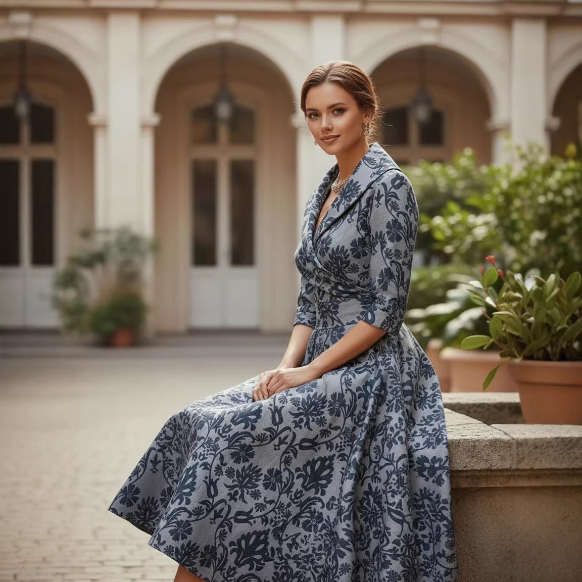 Three-quarter-sleeve Womens Maxi Dress