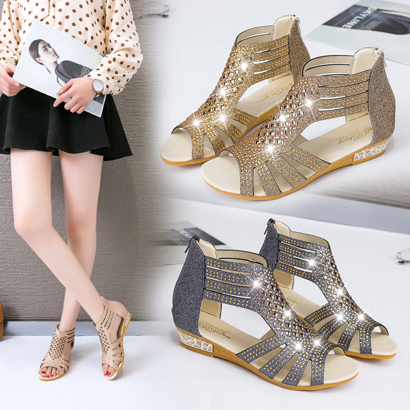 Sequined cloth open-toe zipper patent leather