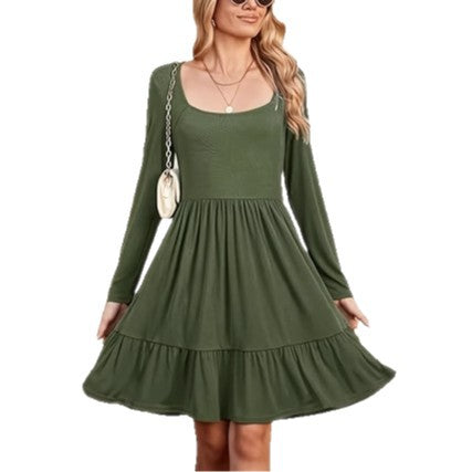 Elegant Round-Neck Pleated Solid-Colored Dress For Women