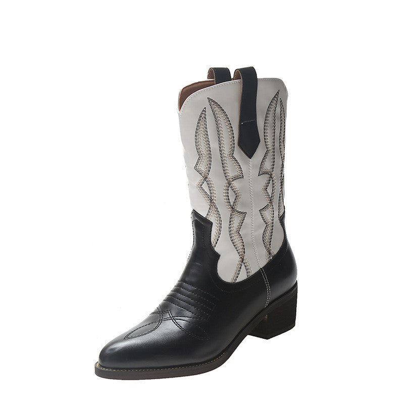 Pointed Toe Thick Heel Mid-tube Colorblock Martin Boots