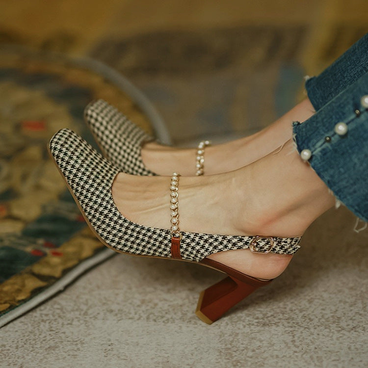 Square Toe High Heel Chain Buckle Back Sandals