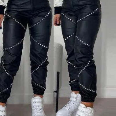 Zipper Pleated PU Casual Patch Pocket Skinny Pencil Trousers