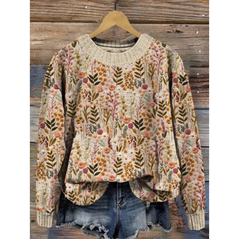 Abstract Style Digital Printing Drop-shoulder Long-sleeve Women's Sweater Casual All-matching