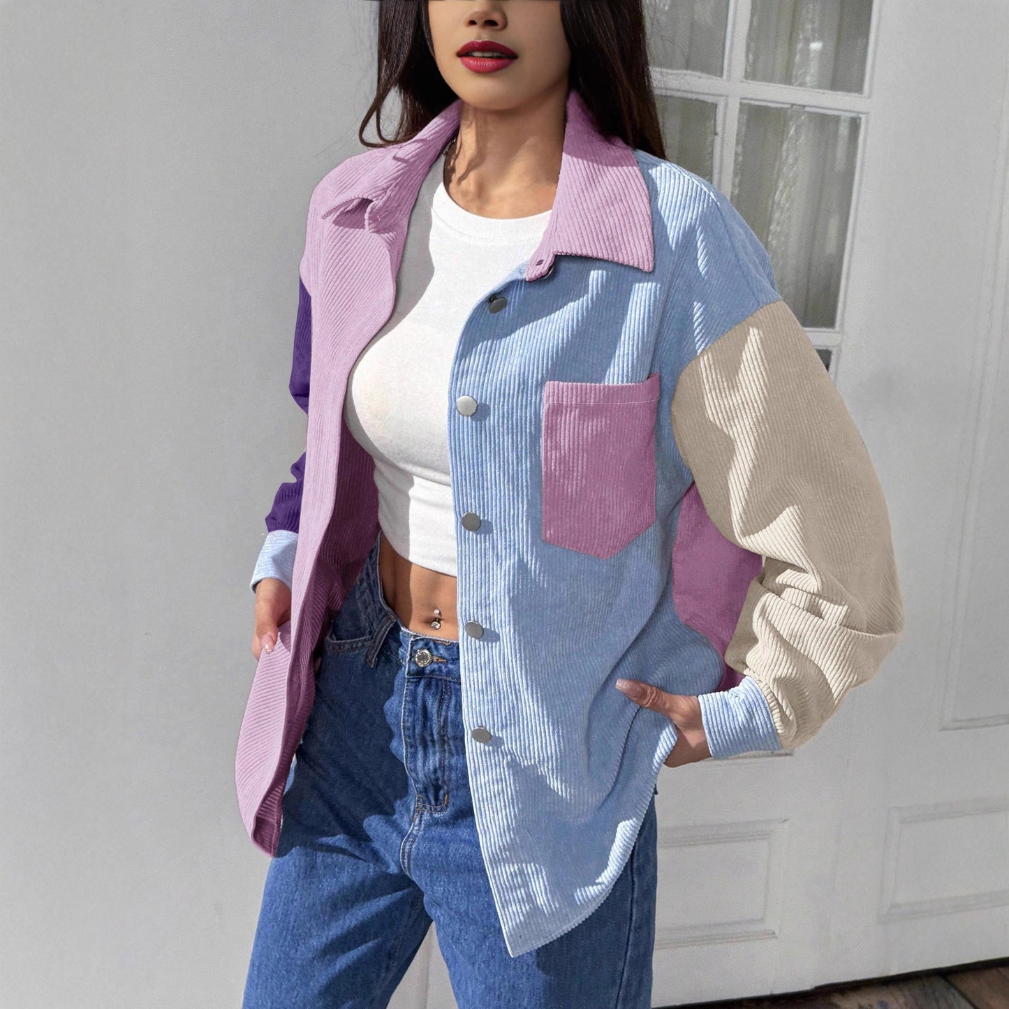 Commuting Style Linen-cotton Color Block Loose Fashionable Long Sleeve Shirt