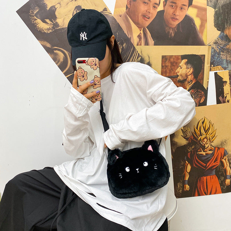 Personalized Embroidery Cute Plush Cat Messenger Bag