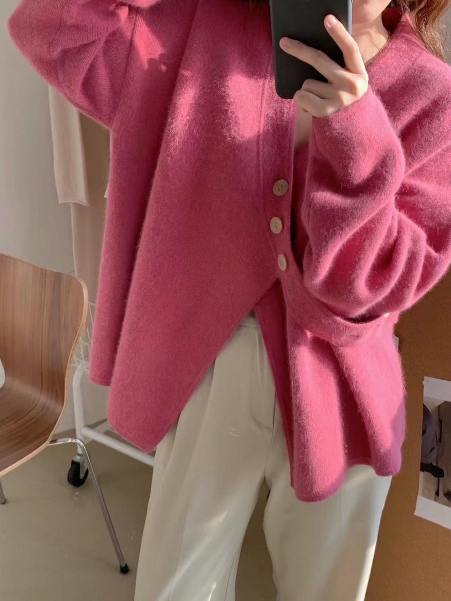 V-neck Diagonal Buckle Loose Knit Sweater Jacket