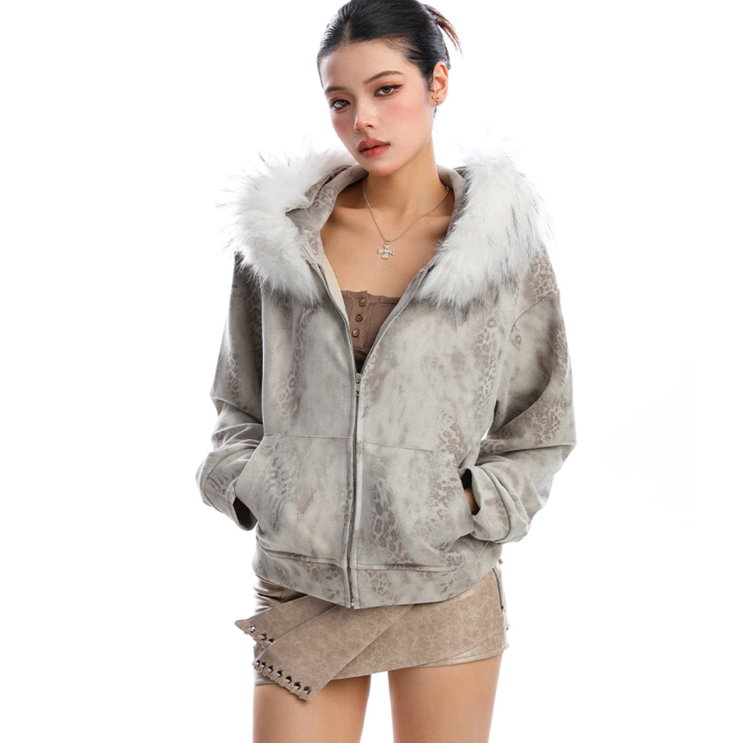 Detachable Fur Collar Leopard Print Hooded Sweater Women's Short Cardigan Jacket