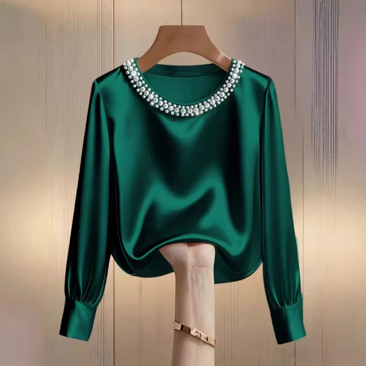 Simple Solid-Color Fashionable Beaded Crew-Neck Long-Sleeve Womens T-Shirt