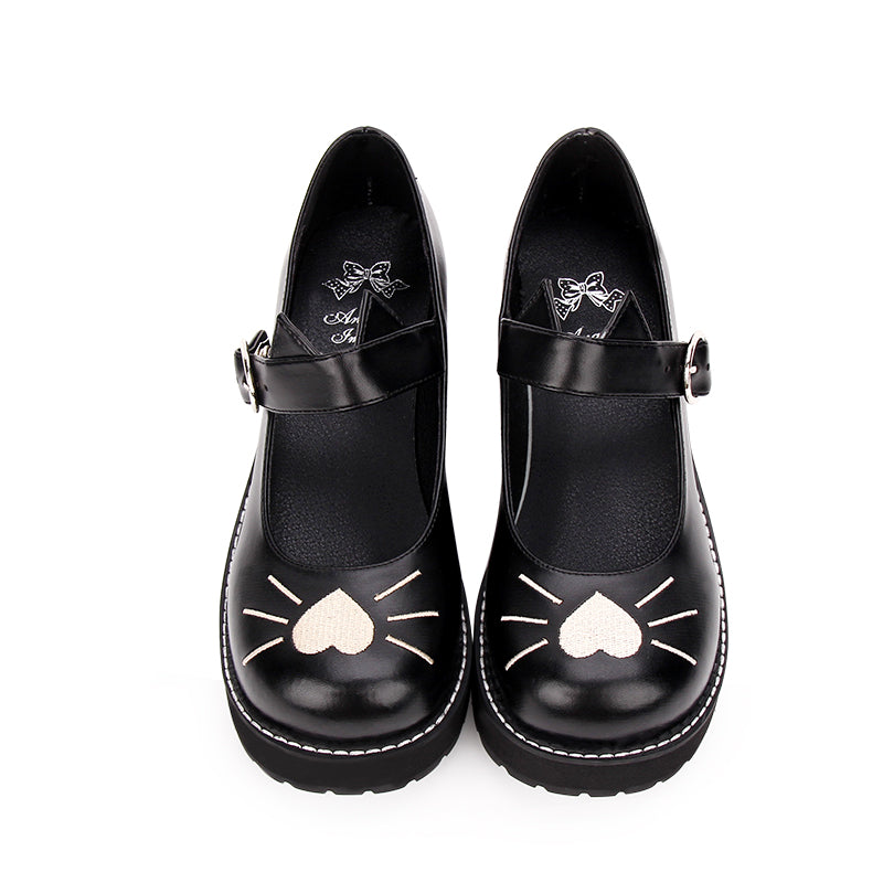 Round Toe Lolita Original Embroidery Cat Love Platform Shoes