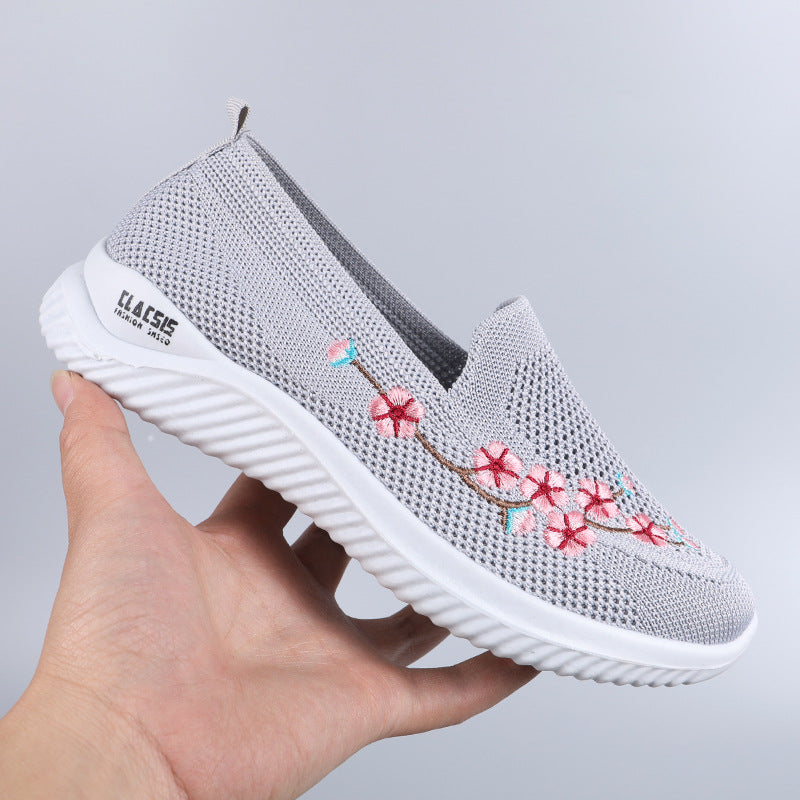 Flower Embroidery Flats Summer Walking Shoes Women's Mesh Breathable Casual Shoes