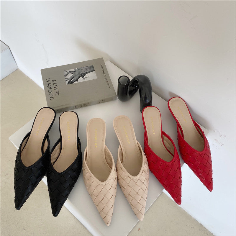 Woven pointed mid-heel half slippers