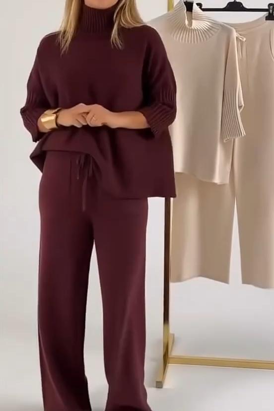 Stylish Casual Solid-color Knit Turtleneck Womens Set For Warmth