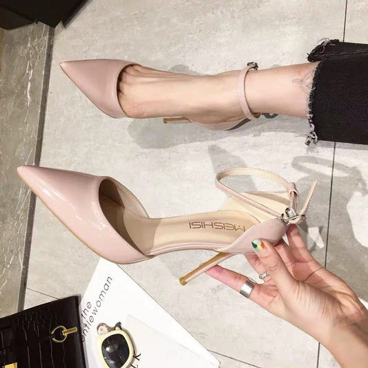 Girly Nude Stiletto Heel Pointed Toe Patent Leather Sandals