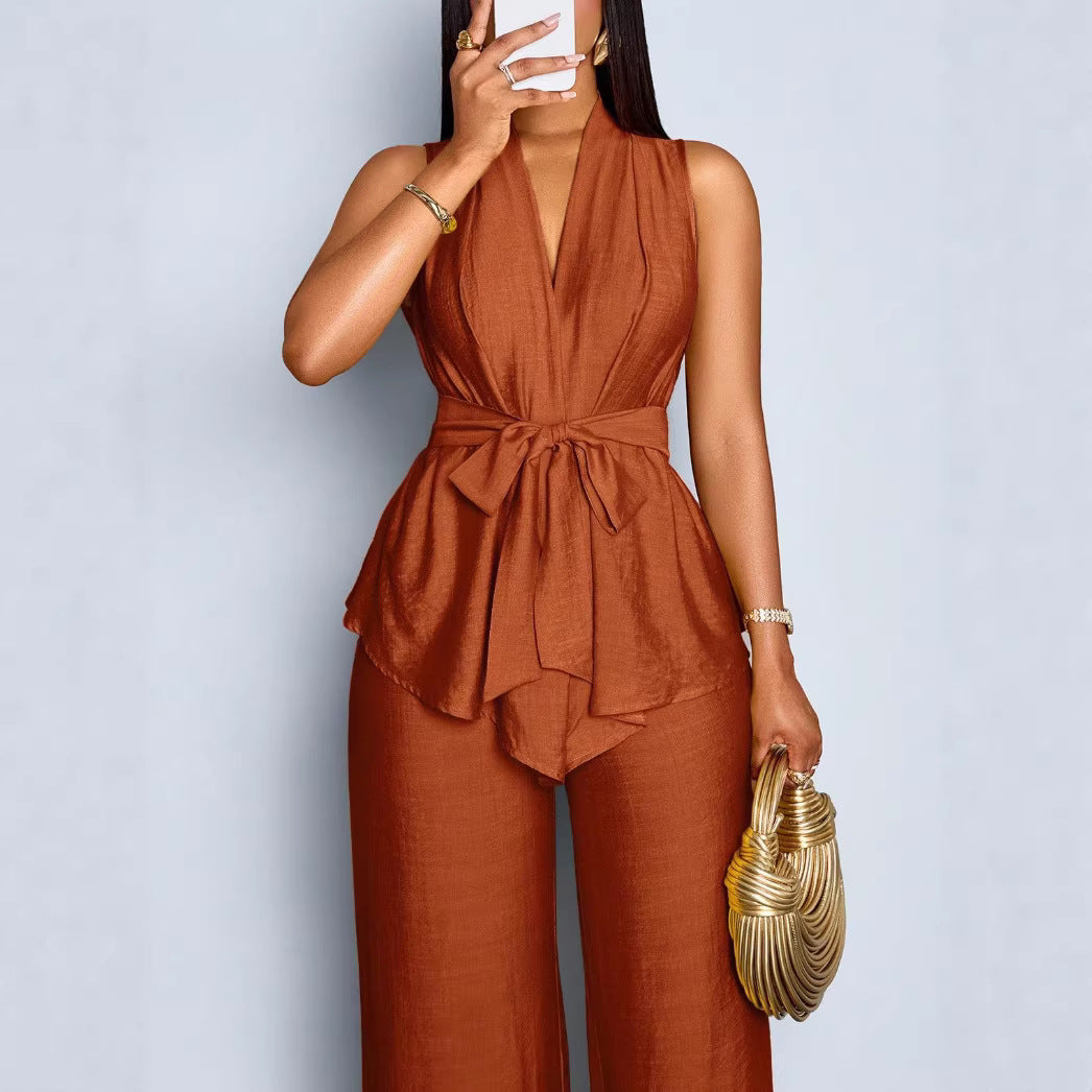 Elegant Solid-color Sleeveless Top With Tie Details And Wide-leg Pants Two-piece Set