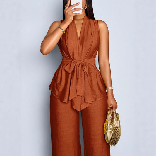 Elegant Solid-color Sleeveless Top With Tie Details And Wide-leg Pants Two-piece Set