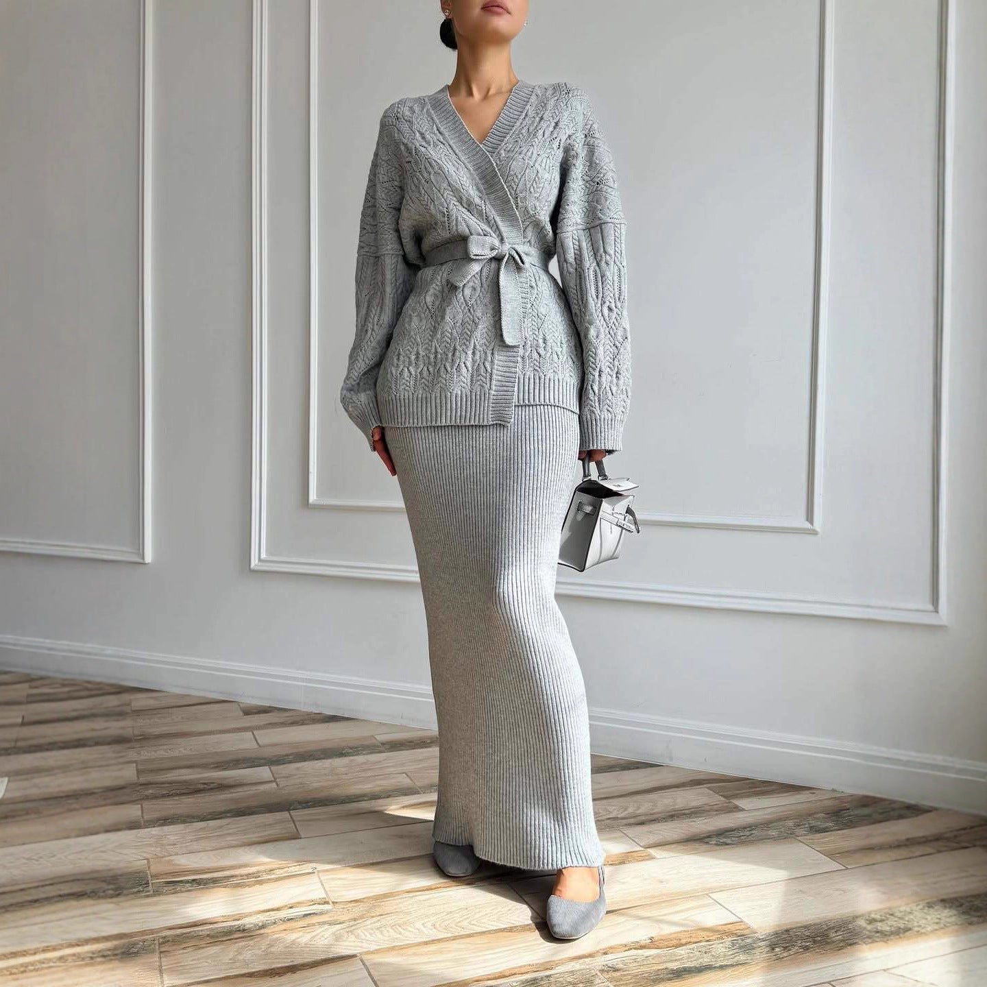 V-neck Cardigan With Tie Details, A Loose-fitting, Versatile Knit Sweater Dress Set