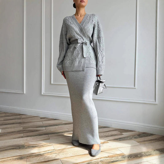 V-neck Cardigan With Tie Details, A Loose-fitting, Versatile Knit Sweater Dress Set