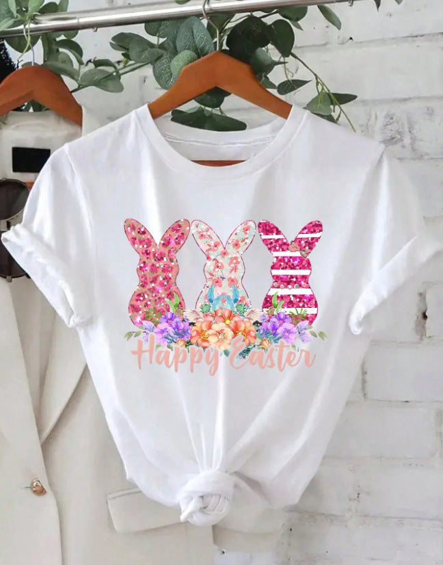Happy Easter Rabbit Printed Women's Round Neck Short Sleeve T-shirt