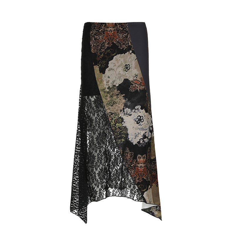 Retro Ethnic Style Personalized Printing Stitching Asymmetric Skirt