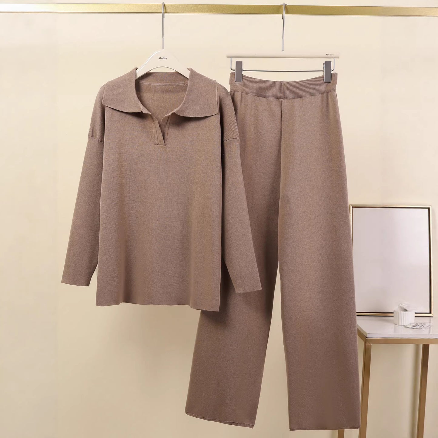 In Stock Springsummer Knit Polo-neck Long-sleeve Pullover And Trousers Two-piece Set