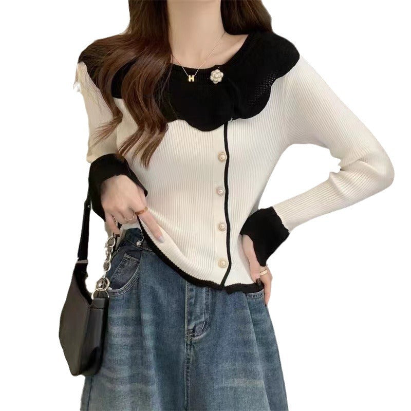 Women's French Style Temperament Contrast Color Lace Collar Sweater